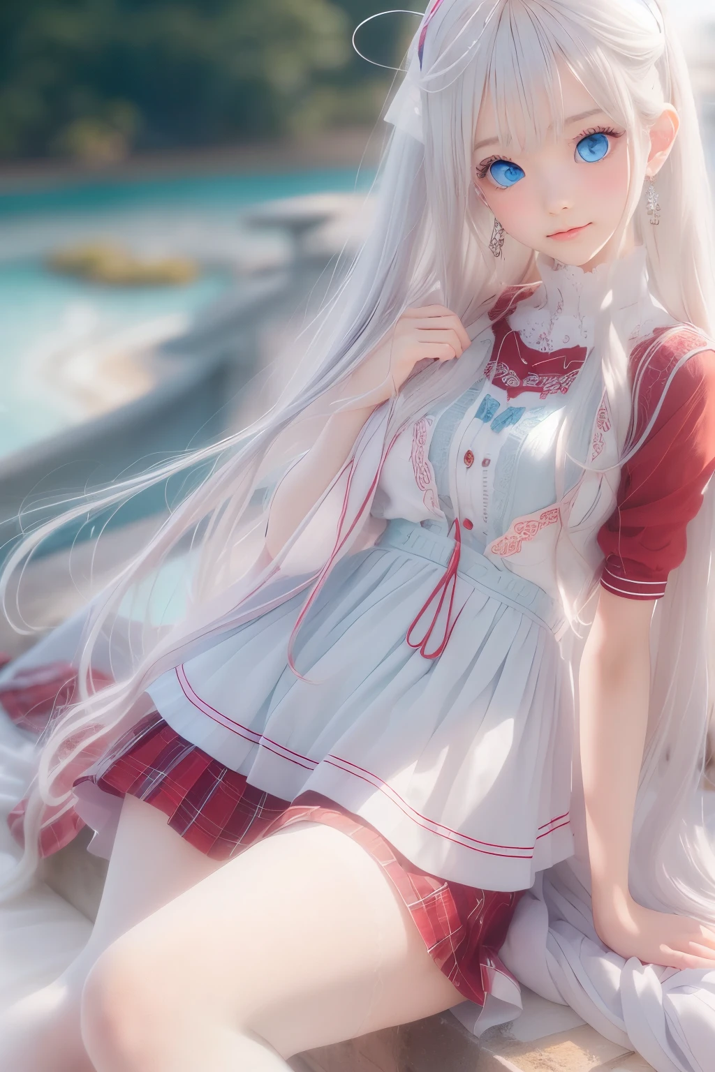 ((Detailed face, cute face)),(She wears a long white embroidered skirt, a red blouse with lace, a white apron tied around her waist, blue socks, brown leather shoes. She wears a blue scarf on her head. Yes, her accessories include a necklace, earrings and a bracelet. (Super long straight hair with shiny platinum blonde silk, beautiful shiny bangs, big clear sky blue eyes, very beautiful and bright eye highlights), 1 girl)), Ultra High Resolution, (Realistic: 1.4), RAW Photo, Best Quality, (Photorealistic Stick), Focus, Soft Light, ((15 years old))