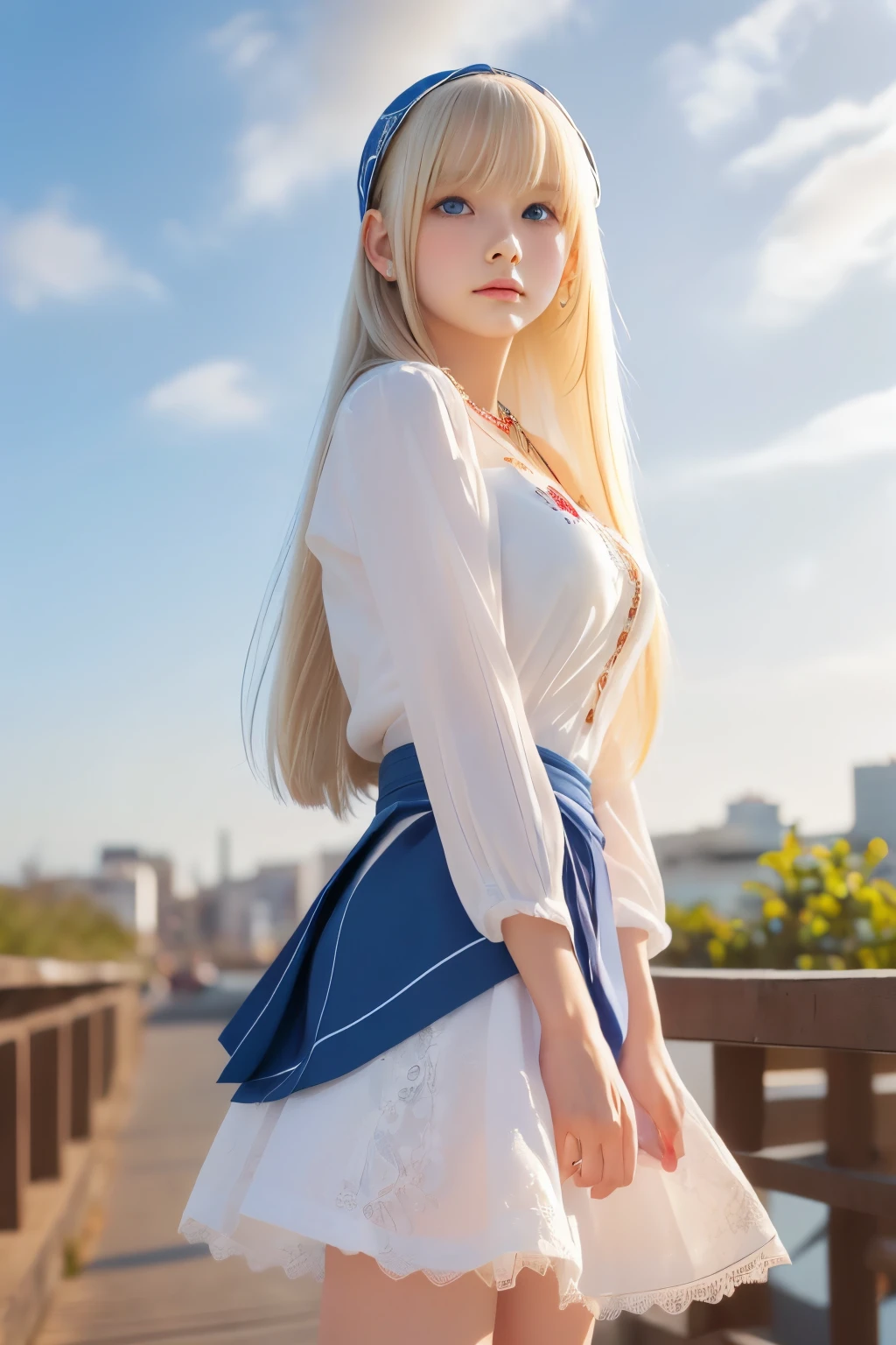 ((detailed face, cute face)), (She is wearing a long white embroidered skirt, a red blouse with lace, a white apron tied around her waist, blue socks, and brown leather shoes, blue scarf is on her head. Yes, her accessories include necklaces, earrings, and bracelets. 1 Girl)), Ultra High Resolution, (Realistic: 1.4), RAW Photo, Best Quality, (Photorealistic Stick), Focus, Soft Light, ((15 years old)), ((Shiny platinum blonde silk super long straight hair, beautiful shiny bangs, big clear sky blue eyes, very beautiful bright eye highlights )), (( (young face))), (surface), (depth of field), masterpiece, (realistic), woman, bangs, ((1 girl))