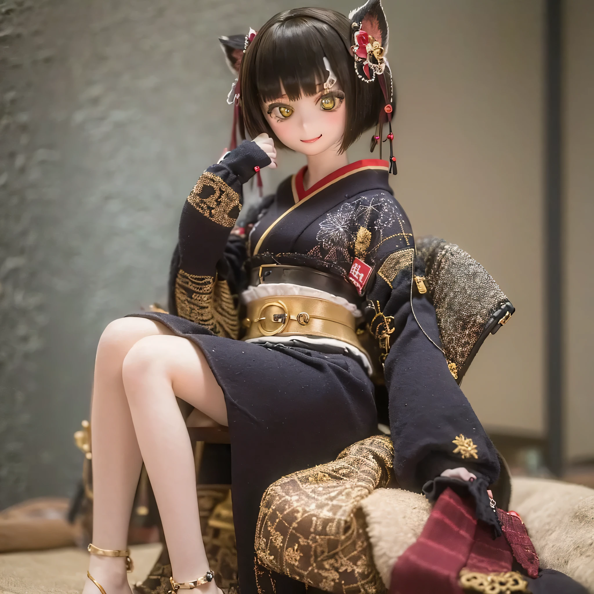 (highest quality,High resolution,masterpiece:1.2),Very detailed,Realistic,(Me in a kimono,Beautiful details,Beautiful lip detail,Very detailed目と顔,Long eyelashes),Traditional Japanese,geisha,hairpin,Delicate embroidery,Floral,Sleeves flow,harmonious colors,Soft lighting、Smiling face with a fan、Bobcut、Black Hair(((((whole body)))))Sandals