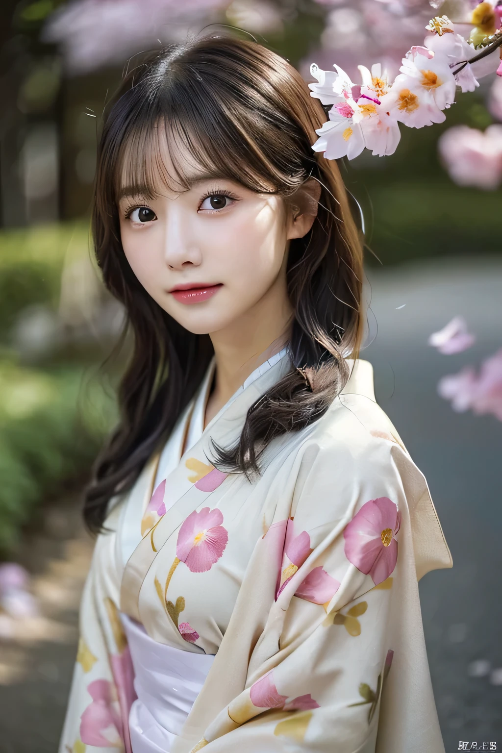 (Kimono)、Random Shots、、、randome pose、(Petals flutter:1.3)、(Wind:1.3)、(top-quality,masterpiece:1.3,超A high resolution,),(ultra-detailliert,Caustics),(Photorealsitic:1.4,RAW shooting,)Ultra-realistic capture,A highly detailed,high-definition16Kfor human skin、 Skin texture is natural、、The skin looks healthy with an even tone、 Use natural light and color,One Woman,japanes,,kawaii,A dark-haired,Middle hair,(depth of fields、chromatic abberation、、Wide range of lighting、Natural Shading、)、