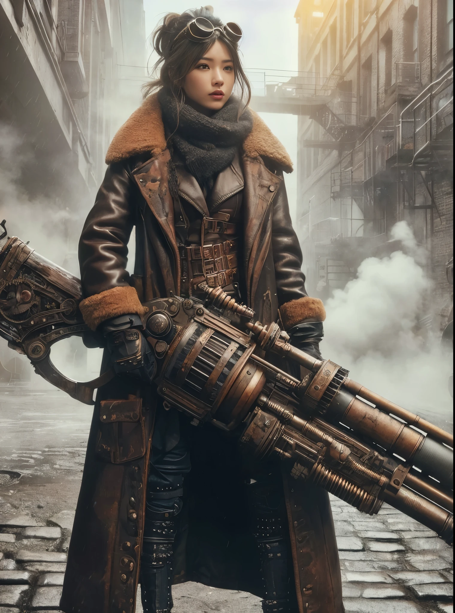 8k,Realistic Skin Texture、Superrealism、Realistic Photo、Japanese women、steampunk、Leather coat、Standing with a heavily modified oversized rifle、Light cloudiness、Dirty city、Steam rising from buildings here and there、Goggles above your head、Stand facing forward in front of a wall with intricate patterns and gears、
