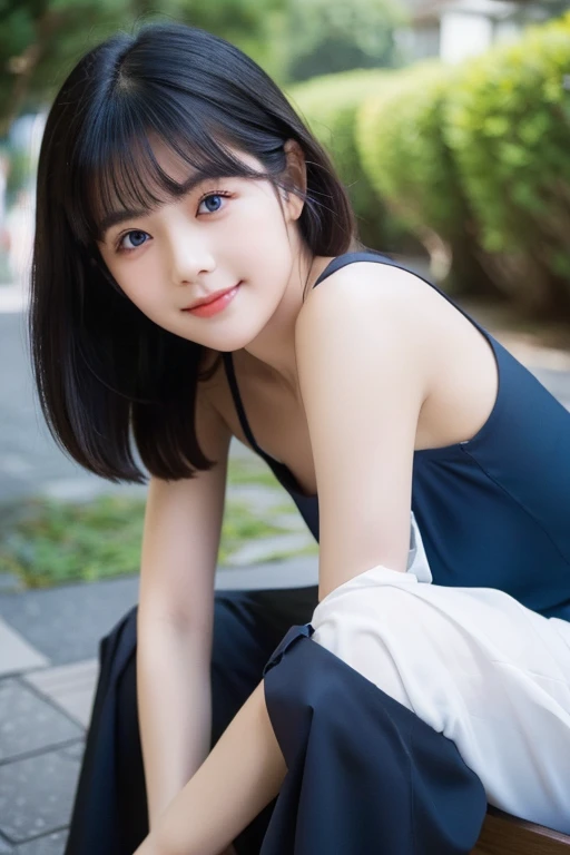 "A young woman in her early twenties with shoulder-length straight black hair and deep blue eyes. She exudes the charm of Asian beauty and has a serene, gentle smile always present on her face."
