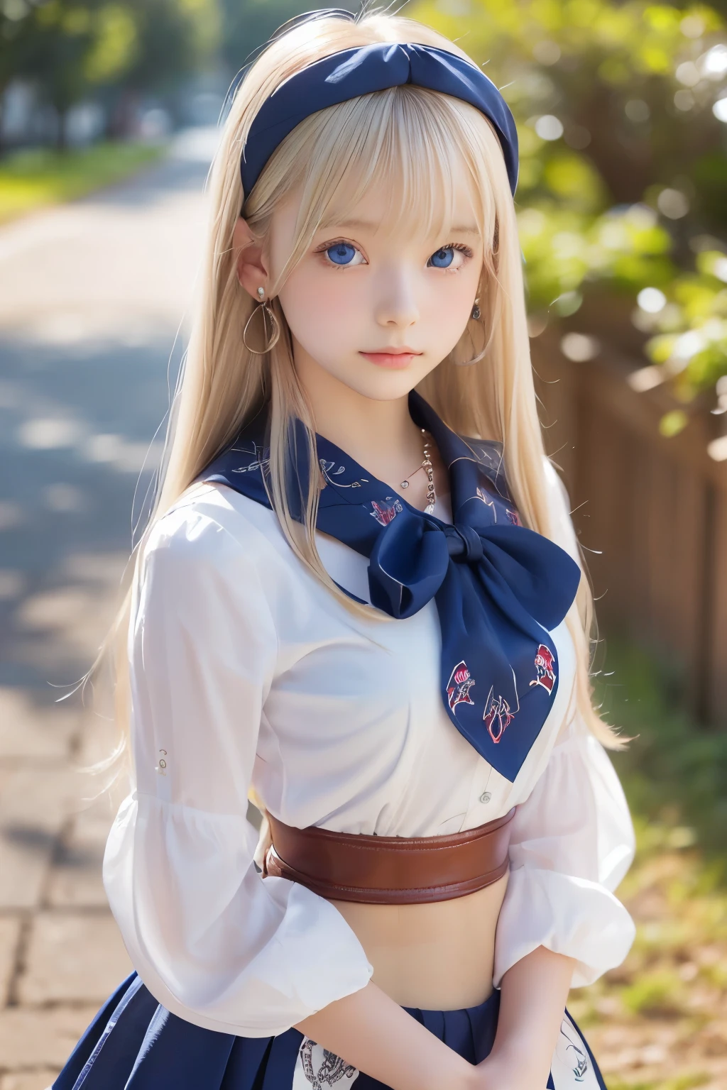 ((detailed face, cute face)), (She is wearing a long white embroidered skirt, a red blouse with lace, a white apron tied around her waist, blue socks, and brown leather shoes, blue scarf is on her head. Yes, her accessories include necklaces, earrings, and bracelets. 1 Girl)), Ultra High Resolution, (Realistic: 1.4), RAW Photo, Best Quality, (Photorealistic Stick), Focus, Soft Light, ((15 years old)), ((Shiny platinum blonde silk super long straight hair, beautiful shiny bangs, big clear sky blue eyes, very beautiful bright eye highlights )), (( (young face))), (surface), (depth of field), masterpiece, (realistic), woman, bangs, ((1 girl))