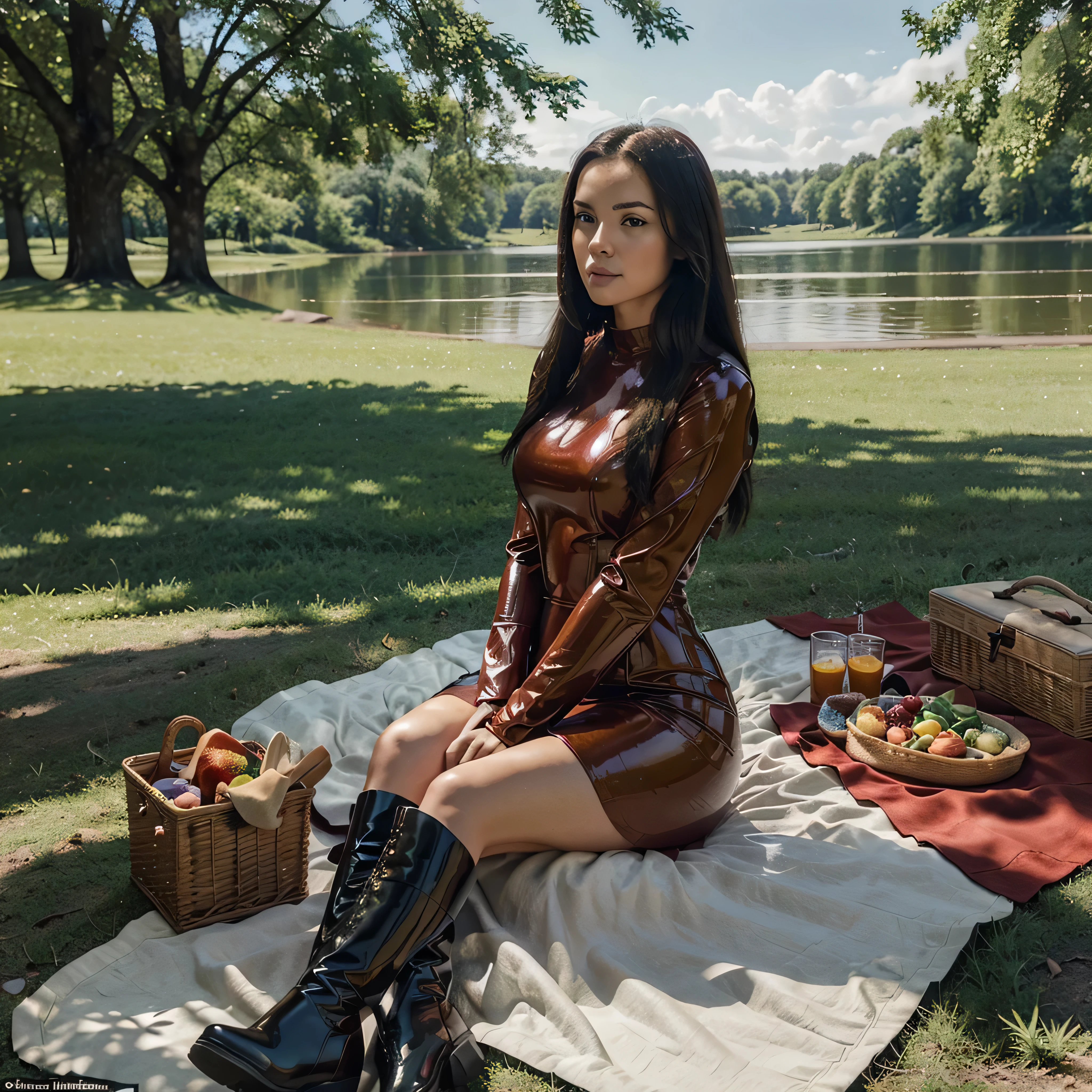 Create a realistic photograph of a girl wearing a short red latex dress and over-the-knee boots, sitting on a picnic blanket in a park with a lake in the background. The image should capture her from a flattering angle, emphasizing the glossy texture of the latex dress and the sleek lines of the boots. The lighting should be natural, highlighting both the shine of the latex and the serene beauty of the park and lake. Include elements like a well-arranged picnic setup, lush greenery, and a calm lake to enhance the peaceful yet stylish atmosphere.