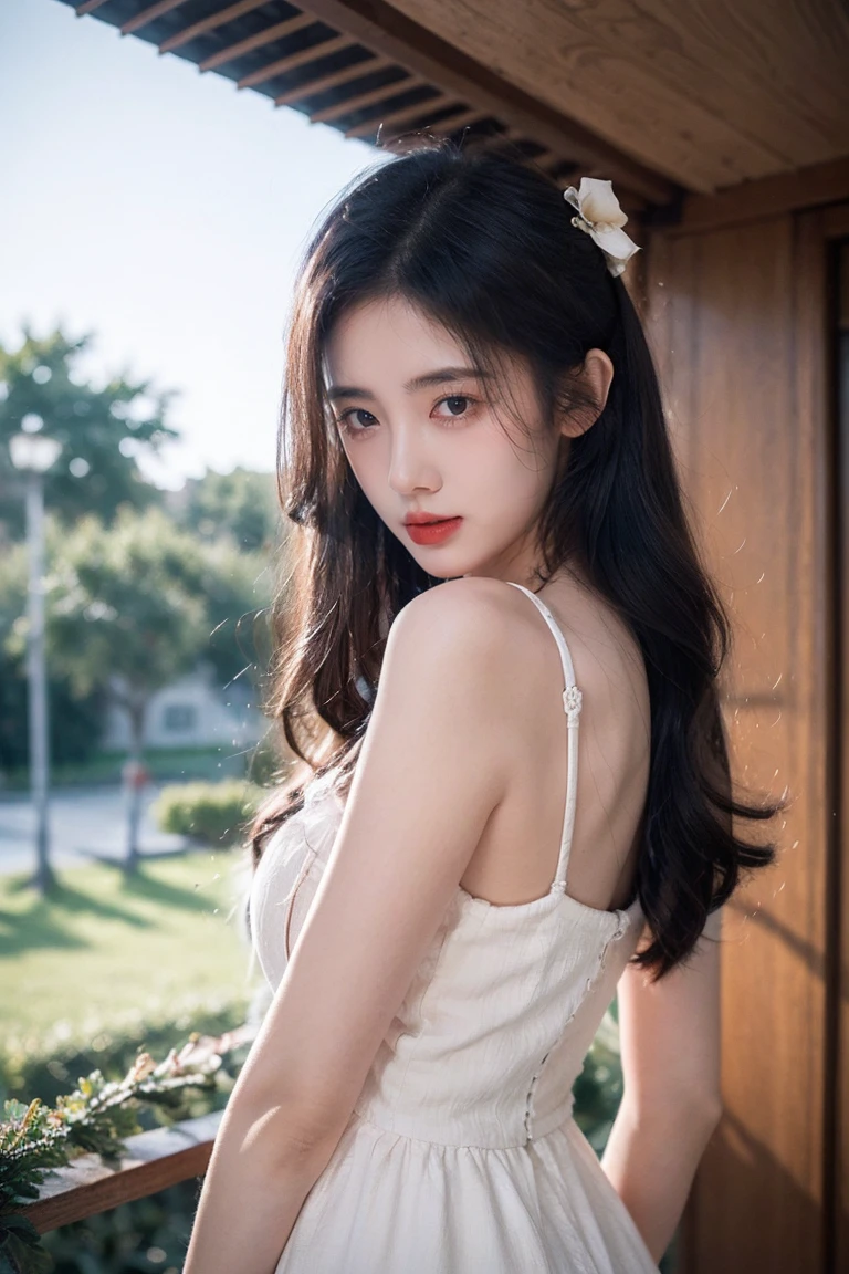 A girl sleeping on branch lonely, Camara angle girl behind side, some flower leps flowing on air, Her long hair flowingthe wind, The entair environment are calm ful, pretty dress wearing, sad face, looking on the sky, Her eyes are close,