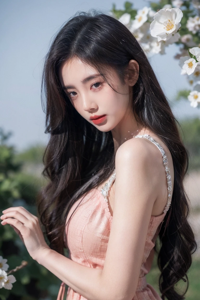A girl sleeping on branch lonely, Camara angle girl behind side, some flower leps flowing on air, Her long hair flowingthe wind, The entair environment are calm ful, pretty dress wearing, sad face, looking on the sky, Her eyes are close,