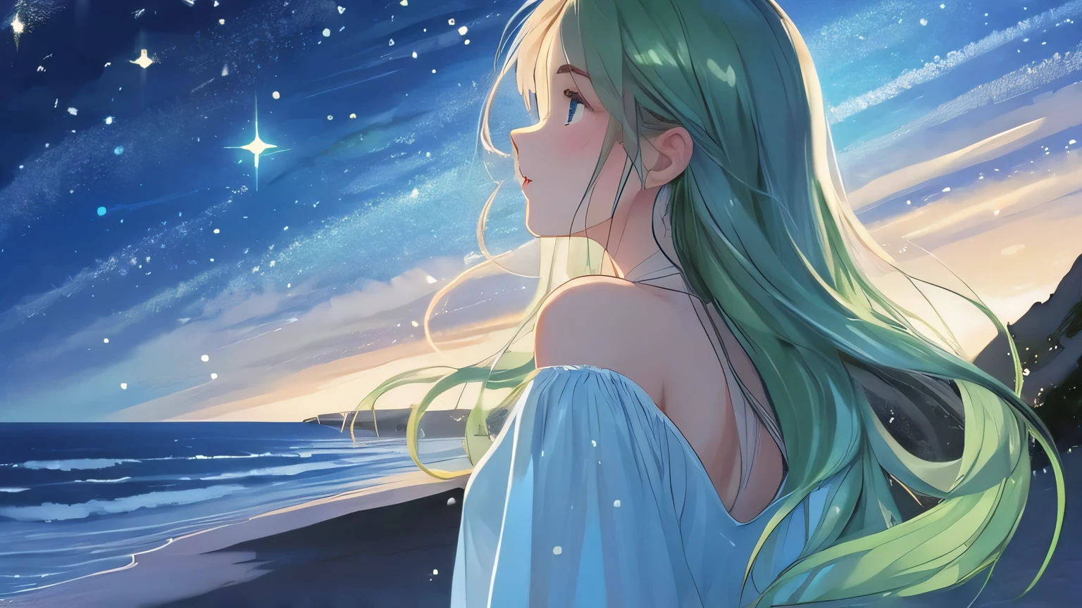 (((masterpiece,highest quality))),((Good structure,Good composition,Good Atomy)),((clear, original,beautiful)),One girl,Long Hair,( White Blue Theme:1.3),Green Sands,color to see,Looking down,From the shoulders up,Sparkling,Night Sky,Stars twinkle
