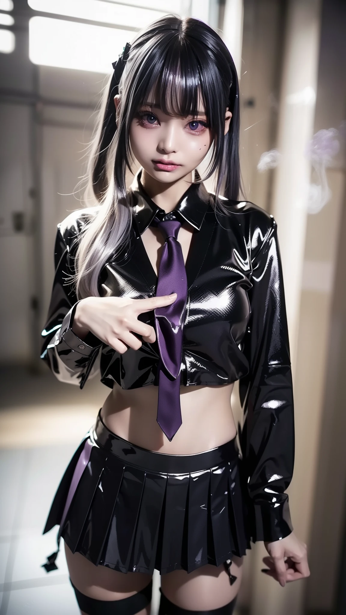 、standing with legs apart、 1 cute girl, highest quality、Ultra - High resolution、High resolution、Detailed CG、8k unit wallpaper、20-year-old、beautiful and detailed eyes,platinum blonde hair、Random hairstyle、(((Black and purple super shiny latex panties)))、((( black skin , Shirt with tie , cropped shirt , pleated skirt , cleavage ,Oily skin)))、(shiny body,:1.5)、 please be shy、(Ahegao:1.5)、(Stick out your tongue and drool)、full of embarrassment、Sexy pose、((steam))