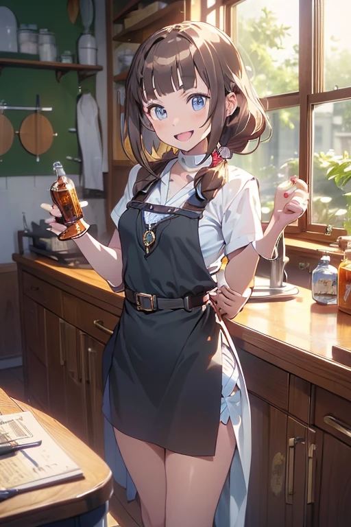 (highest quality:1.5),(8k,masterpiece, top quality, best quality,beautiful and aesthetic:1.2,professional illustrasion:1.1,ultra detail:1.3,perfect lighting),extremely detailed,highest detailed,incredibly absurdres , highres, ultra detailed,intricate:1.3,(Alchemy Workshop:1.4),A girl mixing,Medicine in many small bottles,colorful:1.4,zentangle,(1girl),(highly detailed beautiful face and eyes,firm breasts),real skin,((brown hair,short bob with short pony tail hair)),thin pubic hair:1.3,cute,lovely,,alchemist costume,smile,in the kitchen,smile,seductive weak smiling,(with sparkling eyes and a contagious smile),open mouth, Looking at Viewer,