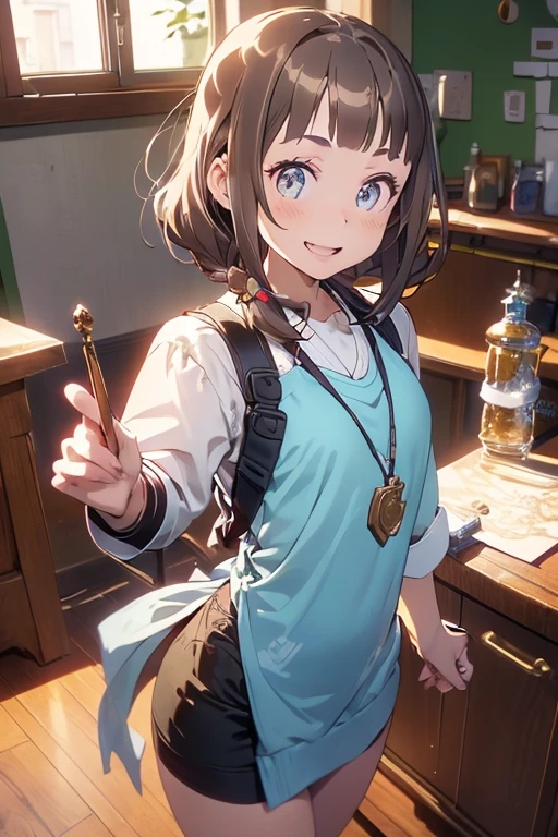 (highest quality:1.5),(8k,masterpiece, top quality, best quality,beautiful and aesthetic:1.2,professional illustrasion:1.1,ultra detail:1.3,perfect lighting),extremely detailed,highest detailed,incredibly absurdres , highres, ultra detailed,intricate:1.3,(Alchemy Workshop:1.4),A girl mixing,Medicine in many small bottles,colorful:1.4,zentangle,(1girl),(highly detailed beautiful face and eyes,firm breasts),real skin,((brown hair,short bob with short pony tail hair)),thin pubic hair:1.3,cute,lovely,17 years old,alchemist costume,smile,in the kitchen,smile,seductive weak smiling,(with sparkling eyes and a contagious smile),open mouth, Looking at Viewer,
