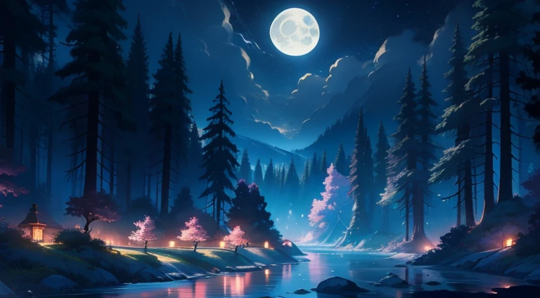 Draw a dreamy anime scene of a river lit by a bright moon, With twinkling stars in the night sky. Capture the beauty of moonlit environments, I will create a fantasy art piece inspired by the works of Tosa Mitsuoki., pixiv Contest Winner.