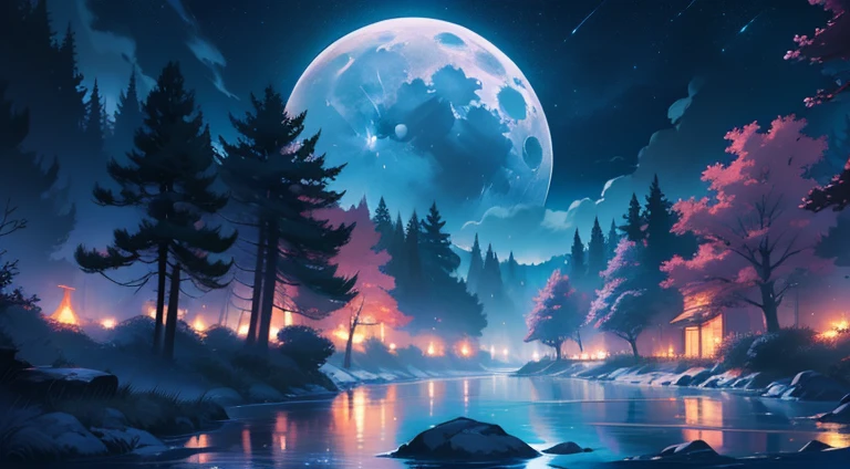 Draw a dreamy anime scene of a river lit by a bright moon, With twinkling stars in the night sky. Capture the beauty of moonlit environments, I will create a fantasy art piece inspired by the works of Tosa Mitsuoki., pixiv Contest Winner.