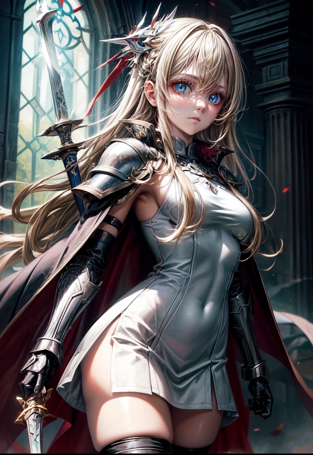 (((masterpiece))), shane, 1girl, solo, long hair, looking at viewer, light blue eyes, light red eyes, blonde hair, thighhighs, gloves, dress, holding, weapon, sword, black thighhighs, cape, holding weapon, white dress, armor, heterochromia, shoulder armor, gauntlets, 