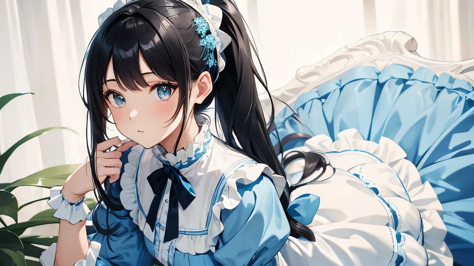 A beautiful woman wearing a light blue and white sweet  dress with lots of frills and lace　Long sleeve　Black hair ponytail with hair ornament　Upper Body