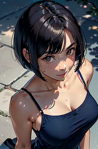 (masterpiece), (8k, best quality, high resolution), (ultra-detailed, realistic), (anatomically correct),
((from above)), ((look up and see the viewer)),
((face close-up)), (Standing), (No background),
(1woman),
(A Japanese woman, 30 years old and 155cm tall.),
((Create a detailed image of the eye)), ((dark brown eyes)),
(((Wear a navy blue tunic camisole))), ((A camisole without decoration.)),
(black hair), (straight hair), (short hair style), ((bob cut)),
(((large mole on right jaw))),
((smile broadly)),
(Her impression is pure, clean and kind.),