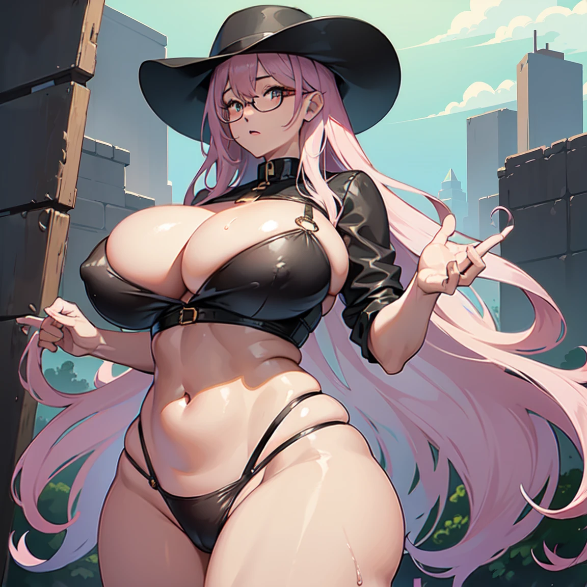 (masterpiece, best quality:1.2), cowboy shot, solo, 1girl, glasses, long fluffy pink hair, gorgeous little chubby, cowboy shot, slight smile, crop top, (sexy and very transparent (black) clothes), sexy pose, musculous belly, navel exposed, large breasts, pink breasts niples, cameltoe, tanned skin, wet body and clothes.