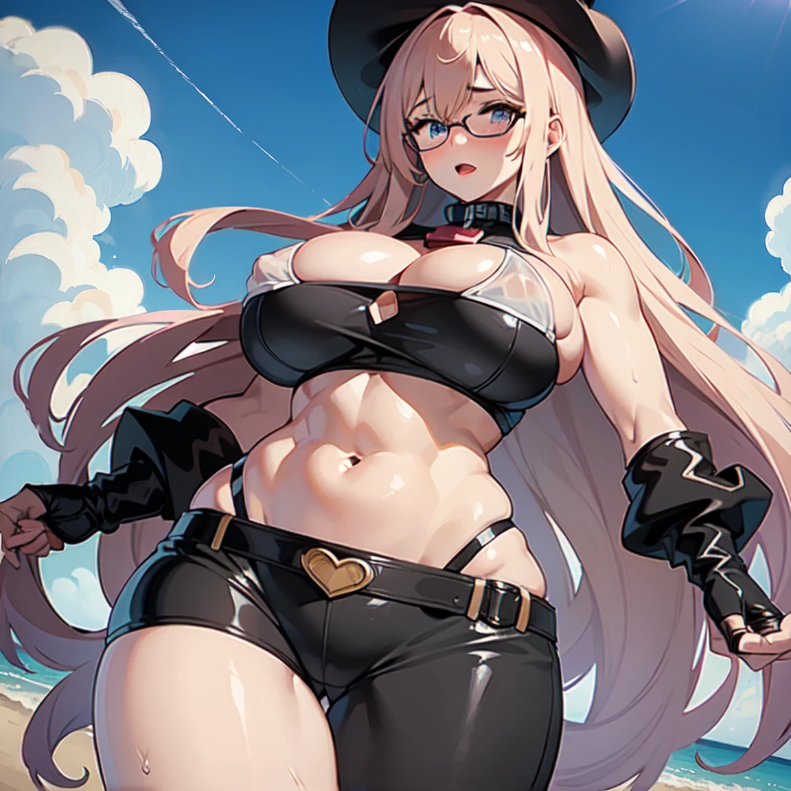 (masterpiece, best quality:1.2), cowboy shot, solo, 1girl, glasses, long fluffy pink hair, gorgeous little chubby, cowboy shot, slight smile, crop top, (sexy and very transparent (black) clothes), sexy pose, musculous belly, navel exposed, large breasts, pink breasts niples, cameltoe, tanned skin, wet body and clothes.
