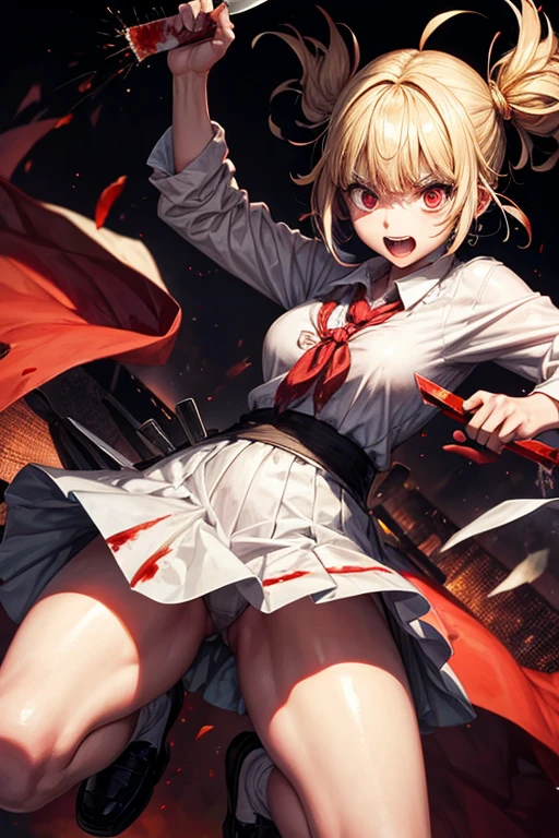 A crazed looking himoko toga, holding two bloody knives