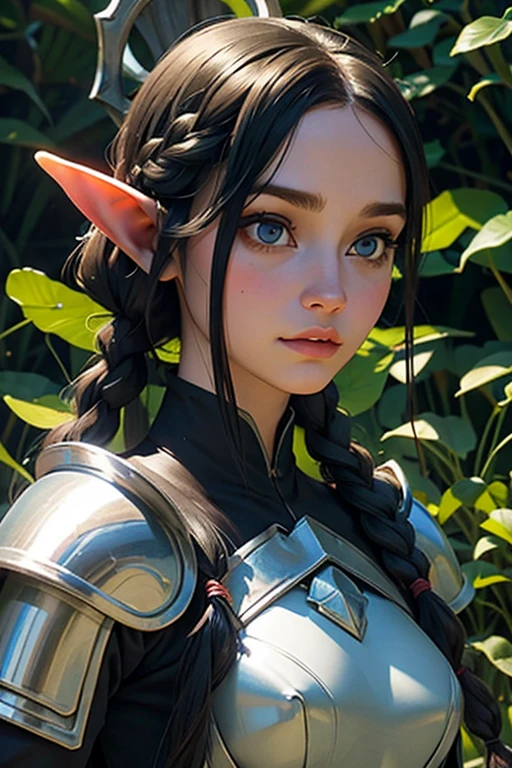 1 elf female,long silky black hair in braids,orelhas pontudas,olhos azuis, thin lips,rosto redondo,seios enormes, quadris largos,wearing light elven battle armor .estilo coquete e melindrosa ,sentada sentada em uma grande poltrona rustica imponente observando atenta o espectador