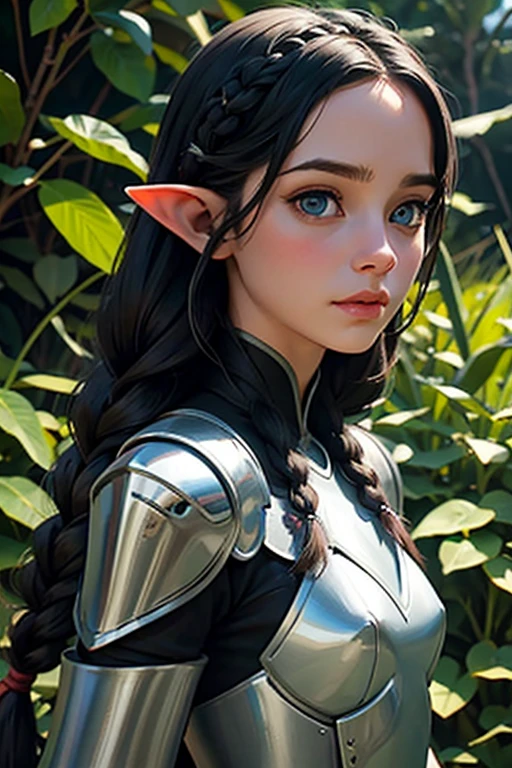 1 elf female,long silky black hair in braids,orelhas pontudas,olhos azuis, thin lips,rosto redondo,seios enormes, quadris largos,wearing light elven battle armor .estilo coquete e melindrosa ,sentada sentada em uma grande poltrona rustica imponente observando atenta o espectador