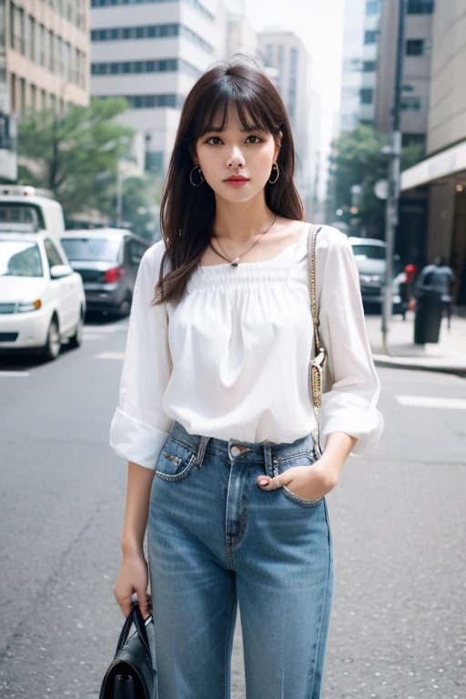 "Prefers modern casual fashion. She wears a white blouse with denim jeans and simple accessories, showcasing an urban, contemporary style."
