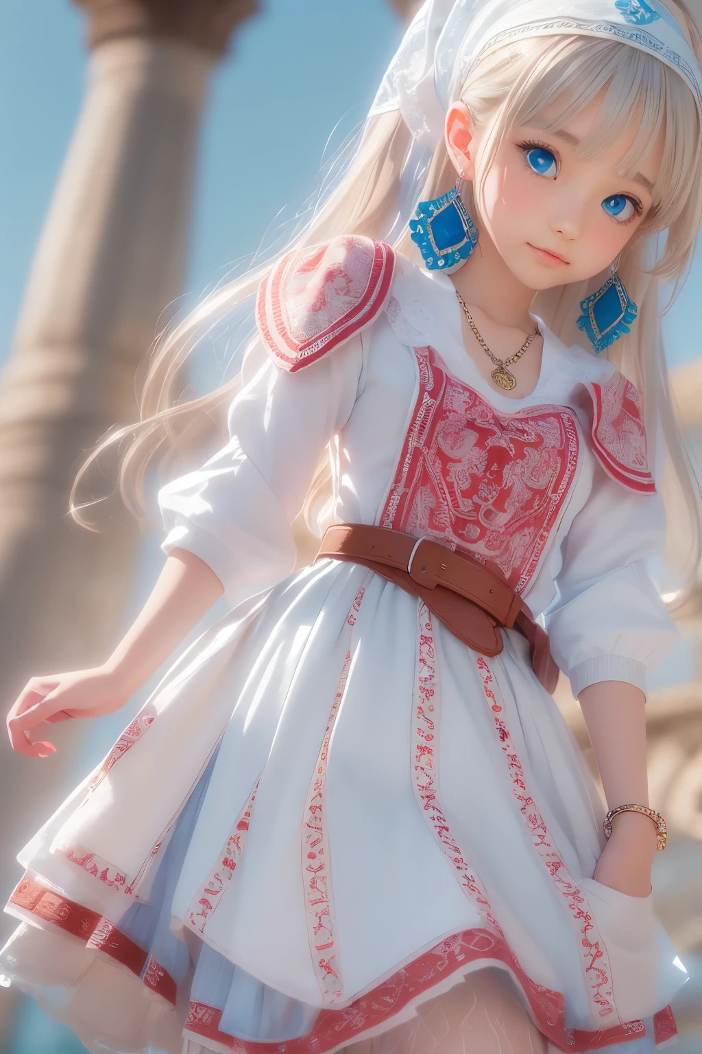 ((Detailed face, cute face)),(She wears a long white embroidered skirt, a red blouse with lace, a white apron tied around her waist, blue socks, brown leather shoes. She wears a blue scarf on her head. Yes, her accessories include a necklace, earrings and a bracelet. (Super long straight hair with shiny platinum blonde silk, beautiful shiny bangs, big clear sky blue eyes, very beautiful and bright eye highlights), 1 girl)), Ultra High Resolution, (Realistic: 1.4), RAW Photo, Best Quality, (Photorealistic Stick), Focus, Soft Light, ((15 years old))