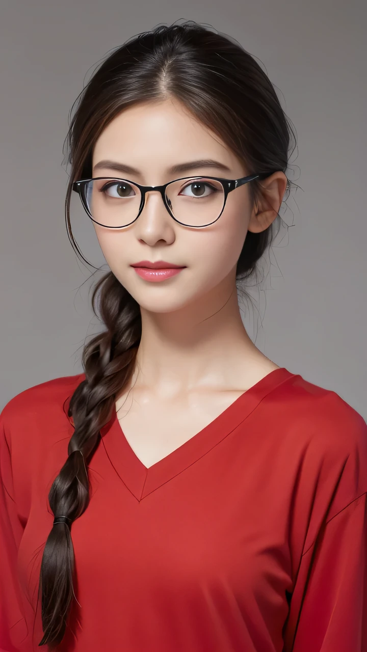 (8K、original photography、Top quality、masterpiece:1.2)、(Realist、Realism:1.37)、Ultra Detailed、Ultra-high resolution、1 girl、Different opinions、Beautiful and delicate face、a smile、shrink、(Slim waist) :1.3)、((red shirt clothes))、Beautiful and delicate skin、Texture、Flowing hair、((hair tied into a ball))、Breasts that are full and well-shaped、Professional lighting、At noon in front of the station、((Black square glasses))、entire human body、brown hair、