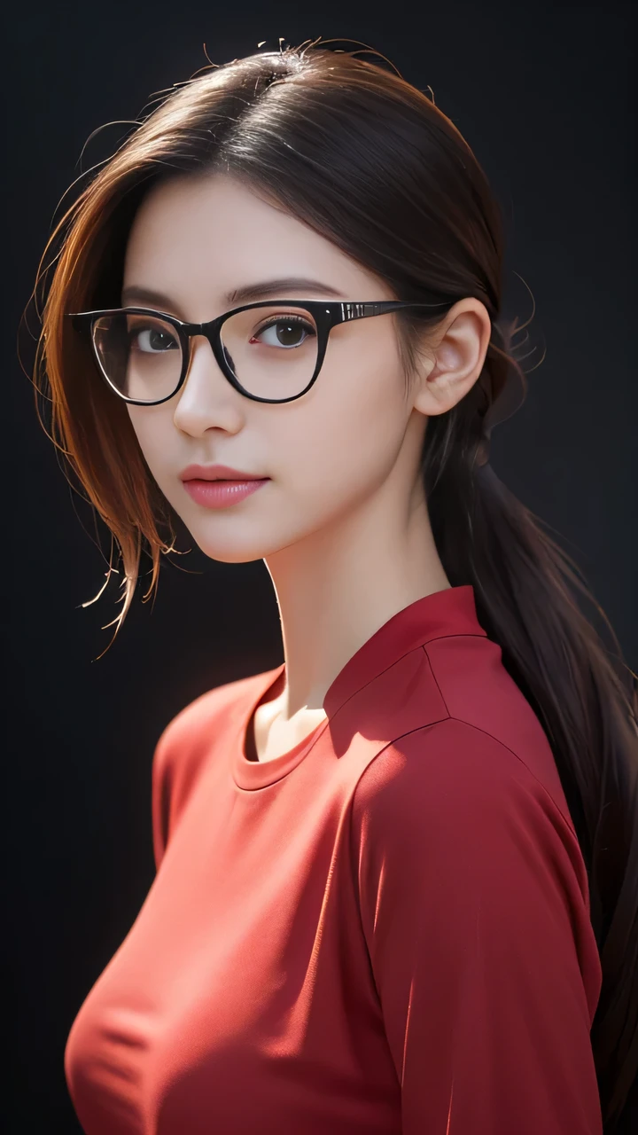 (8K、original photography、Top quality、masterpiece:1.2)、(Realist、Realism:1.37)、Ultra Detailed、Ultra-high resolution、1 girl、Different opinions、Beautiful and delicate face、a smile、shrink、(Slim waist) :1.3)、((red shirt clothes))、Beautiful and delicate skin、Texture、Flowing hair、((hair tied into a ball))、Breasts that are full and well-shaped、Professional lighting、At noon in front of the station、((Black square glasses))、entire human body、brown hair、