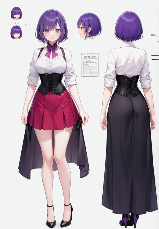 Purple hair,voluminous short hair,Adult female,(suit),((Roll up your sleeves)),(Corset),(Tight skirt),(high heels),The heel is visible,((Simple background)),Smile,((Full body)),((whole body)),Character Sheet,