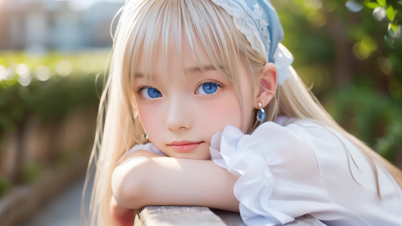 ((detailed face, cute face)), (She is wearing a long white embroidered skirt, a red blouse with lace, a white apron tied around her waist, blue socks, and brown leather shoes, blue scarf is on her head. Yes, her accessories include necklaces, earrings, and bracelets. 1 Girl)), Ultra High Resolution, (Realistic: 1.4), RAW Photo, Best Quality, (Photorealistic Stick), Focus, Soft Light, (()), ((Shiny platinum blonde silk super long straight hair, beautiful shiny bangs, big clear sky blue eyes, very beautiful bright eye highlights )), (( (young face))), (surface), (depth of field), masterpiece, (realistic), woman, bangs, ((1 girl))