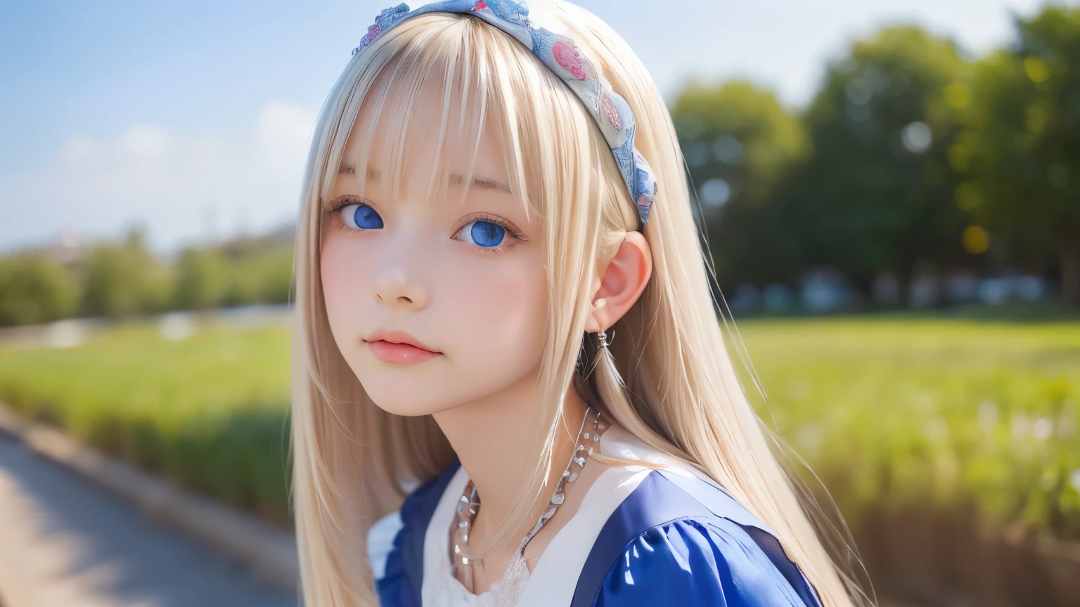 ((detailed face, cute face)), (She is wearing a long white embroidered skirt, a red blouse with lace, a white apron tied around her waist, blue socks, and brown leather shoes, blue scarf is on her head. Yes, her accessories include necklaces, earrings, and bracelets. 1 Girl)), Ultra High Resolution, (Realistic: 1.4), RAW Photo, Best Quality, (Photorealistic Stick), Focus, Soft Light, ((15 years old)), ((Shiny platinum blonde silk super long straight hair, beautiful shiny bangs, big clear sky blue eyes, very beautiful bright eye highlights )), (( (young face))), (surface), (depth of field), masterpiece, (realistic), woman, bangs, ((1 girl))