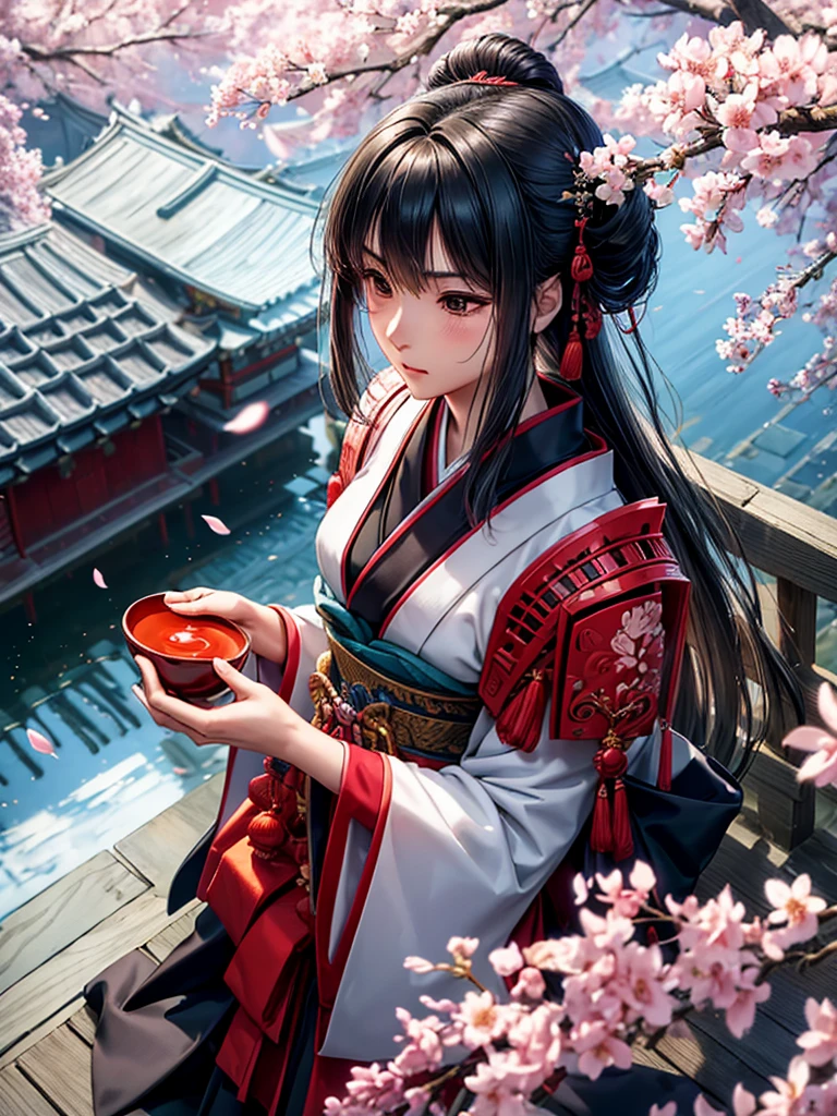 (highest quality,High resolution:1.2),Super detailed,Traditional Japanese samurai armor,Warrior,Stoic expression,Severe,skilled swordsmanship,Classic Katana,The Samurai Code of Honor,Sacred Devotion,Falling cherry blossom petals,Ancient Cherry Trees,Authentic Japanese scenery,A quiet temple seen in the distance,Subtle light and shadow,Sublime Art,Strokes,Thick black ink,manga-inspired,Traditional woodblock style,Vibrant colors,Delicate line drawing,Subtle incense scent,Serene atmosphere