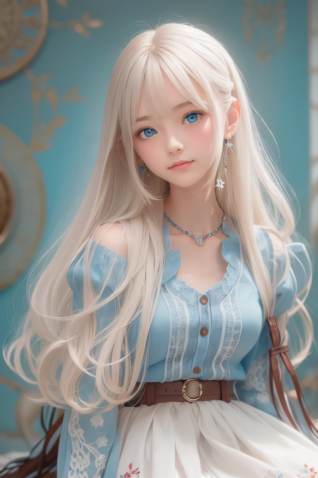 ((detailed face, cute face)), (She is wearing a long white embroidered skirt, a red blouse with lace, a white apron tied around her waist, blue socks, and brown leather shoes, blue scarf is on her head. Yes, her accessories include necklaces, earrings, and bracelets. 1 Girl)), Ultra High Resolution, (Realistic: 1.4), RAW Photo, Best Quality, (Photorealistic Stick), Focus, Soft Light, (()), ((Shiny platinum blonde silk super long straight hair, beautiful shiny bangs, big clear sky blue eyes, very beautiful bright eye highlights )), (( (young face))), (surface), (depth of field), masterpiece, (realistic), woman, bangs, ((1 girl))