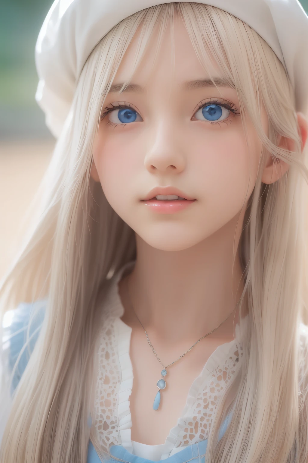 ((detailed face, cute face)), (She is wearing a long white embroidered skirt, a red blouse with lace, a white apron tied around her waist, blue socks, and brown leather shoes, blue scarf is on her head. Yes, her accessories include necklaces, earrings, and bracelets. 1 Girl)), Ultra High Resolution, (Realistic: 1.4), RAW Photo, Best Quality, (Photorealistic Stick), Focus, Soft Light, ((15 years old)), ((Shiny platinum blonde silk super long straight hair, beautiful shiny bangs, big clear sky blue eyes, very beautiful bright eye highlights )), (( (young face))), (surface), (depth of field), masterpiece, (realistic), woman, bangs, ((1 girl))