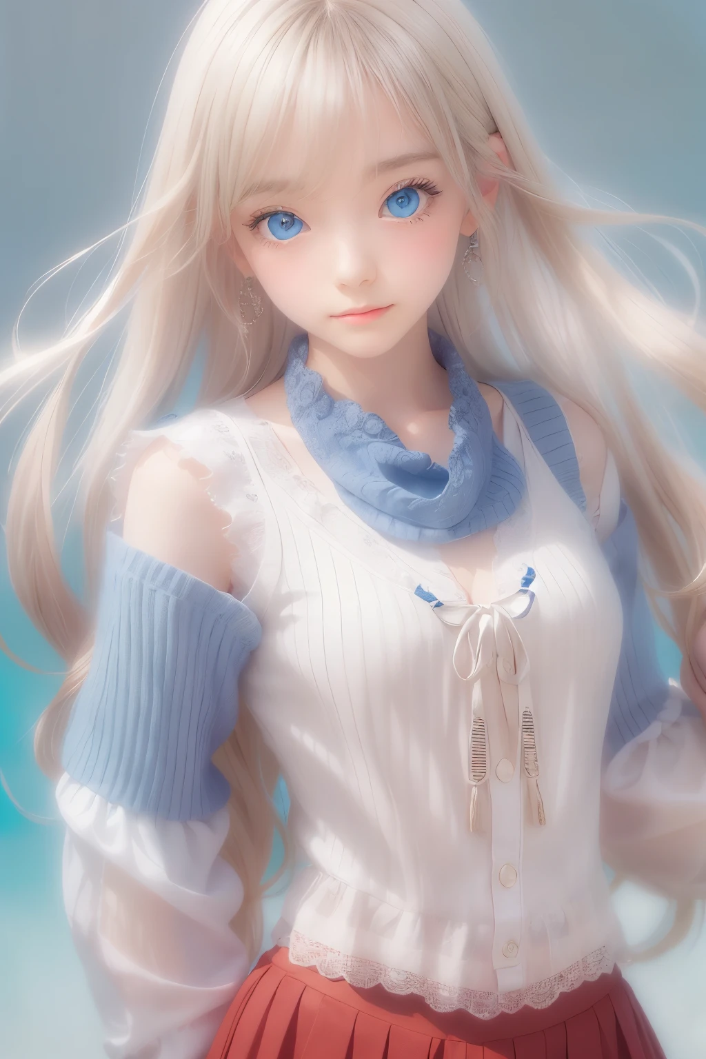 ((detailed face, cute face)), (She is wearing a long white embroidered skirt, a red blouse with lace, a white apron tied around her waist, blue socks, and brown leather shoes, blue scarf is on her head. Yes, her accessories include necklaces, earrings, and bracelets. 1 Girl)), Ultra High Resolution, (Realistic: 1.4), RAW Photo, Best Quality, (Photorealistic Stick), Focus, Soft Light, (()), ((Shiny platinum blonde silk super long straight hair, beautiful shiny bangs, big clear sky blue eyes, very beautiful bright eye highlights )), (( (young face))), (surface), (depth of field), masterpiece, (realistic), woman, bangs, ((1 girl))