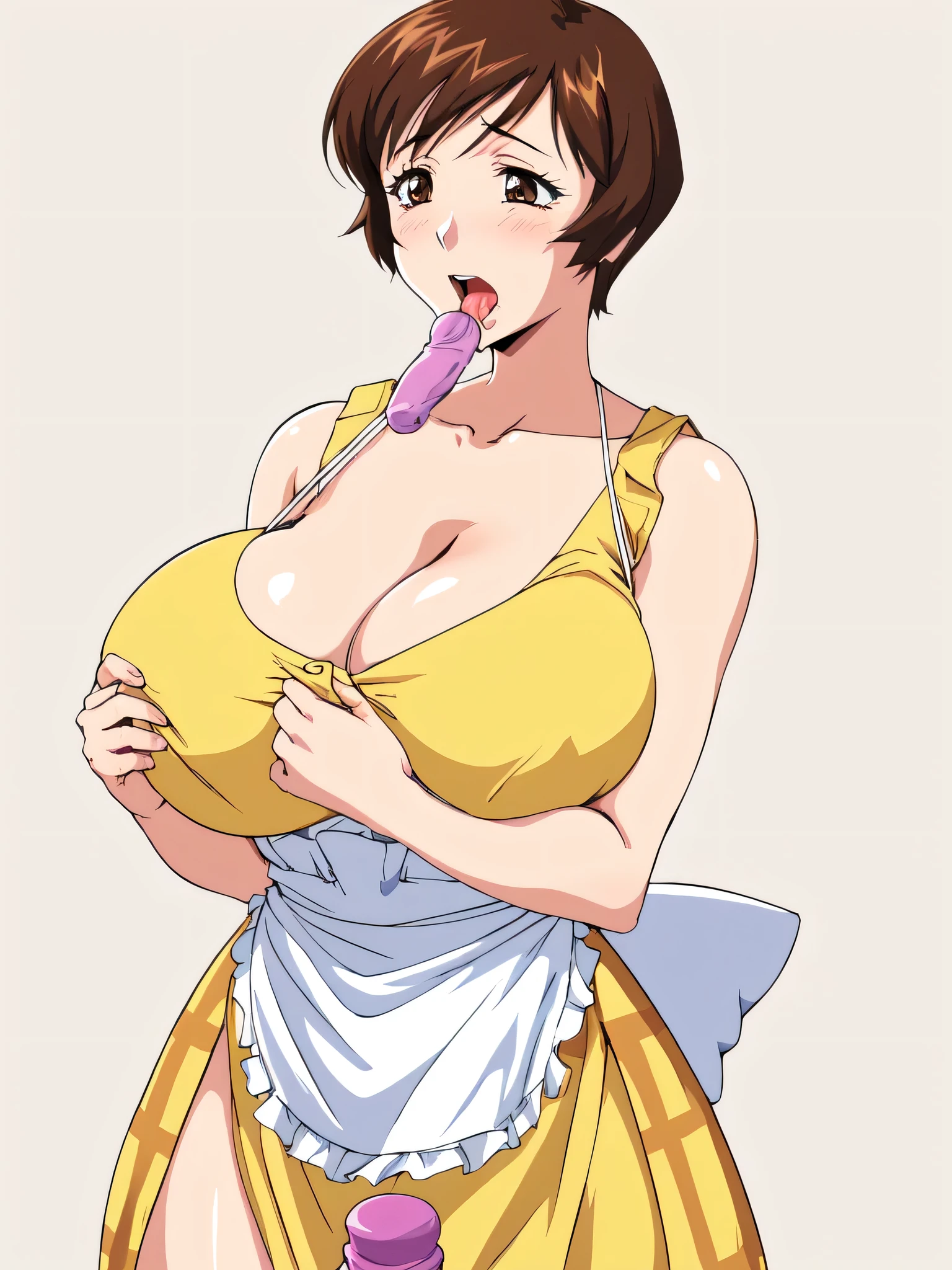 masterpiece, highest quality, High resolution, One Girl, alone, alone, short hair, etsukoto, fine grain, fine grain, (((Thick thighs, Plump thighs, Voluptuous thighs, Thighs are enough))), Big and ample breasts, Cleavage, Huge long breasts, Naughty big,((Big breasts are important))、((Naughty thighs)), L Cup, (thin:1.4),(Tight waist:1.4), (Perfect beautiful yellow dress:1.4), ((white waist apron)), open mouth, White panties, (((Simple Background))), ((Wide Hips)), Shiny, Oily skin, Mature mother, Calf, Seductive mature woman, Perfect body, Plus Size Model, etsukoto, blush, clavicle, retro artstyle, 1990s (style), (((dildo in own mouth))), upper body, face focus, nsfw,