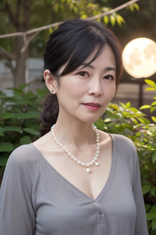 Mature Asian Woman, 55 years old, Beautiful details, Beautiful lip detail, Very detailedな顔, Long eyelashes,  ((Low Ponytail)), ((Pearl Necklace)), Full body emphasis, dress, garden, night中, night, full moon, moonlight, (highest quality, 4K, 8k, High resolution, masterpiece:1.2), Very detailed, (Realistic, photoRealistic, photo-Realistic:1.37), 