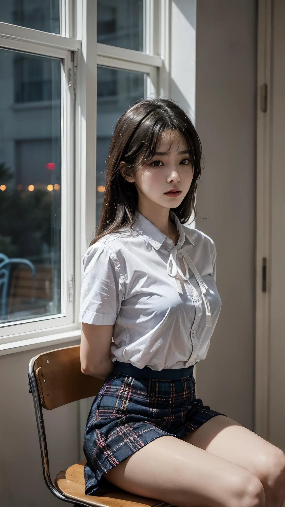 8k, Raw photo, highest quality, masterpiece:1.2), masterpiece, highest quality, figure, Very detailed, Fine details, High resolution, 8k,wallpaper, Perfect dynamic composition,(Detailed high quality, Realistic depiction of eyes:1.3)、A woman who has been and has her hands tied、Arms wrapped around his back, hands tie behind back, Put duct tape over your mouth、Inside a beautiful hotel room at night、Sitting in a chair、Outside the window is a night view、 With legs wide open、White panties are visible、Blue Short Sleeve Blouse、Tartan plaid pleated skirt、whole body、The whole thing faces forward、21talent、Beauty、Well-formed face、Make your eyes even、Beautiful black hair、Has bangedium build、Well-balanced proportions、Beautiful legs、Fresh face、Beautiful scenery、
