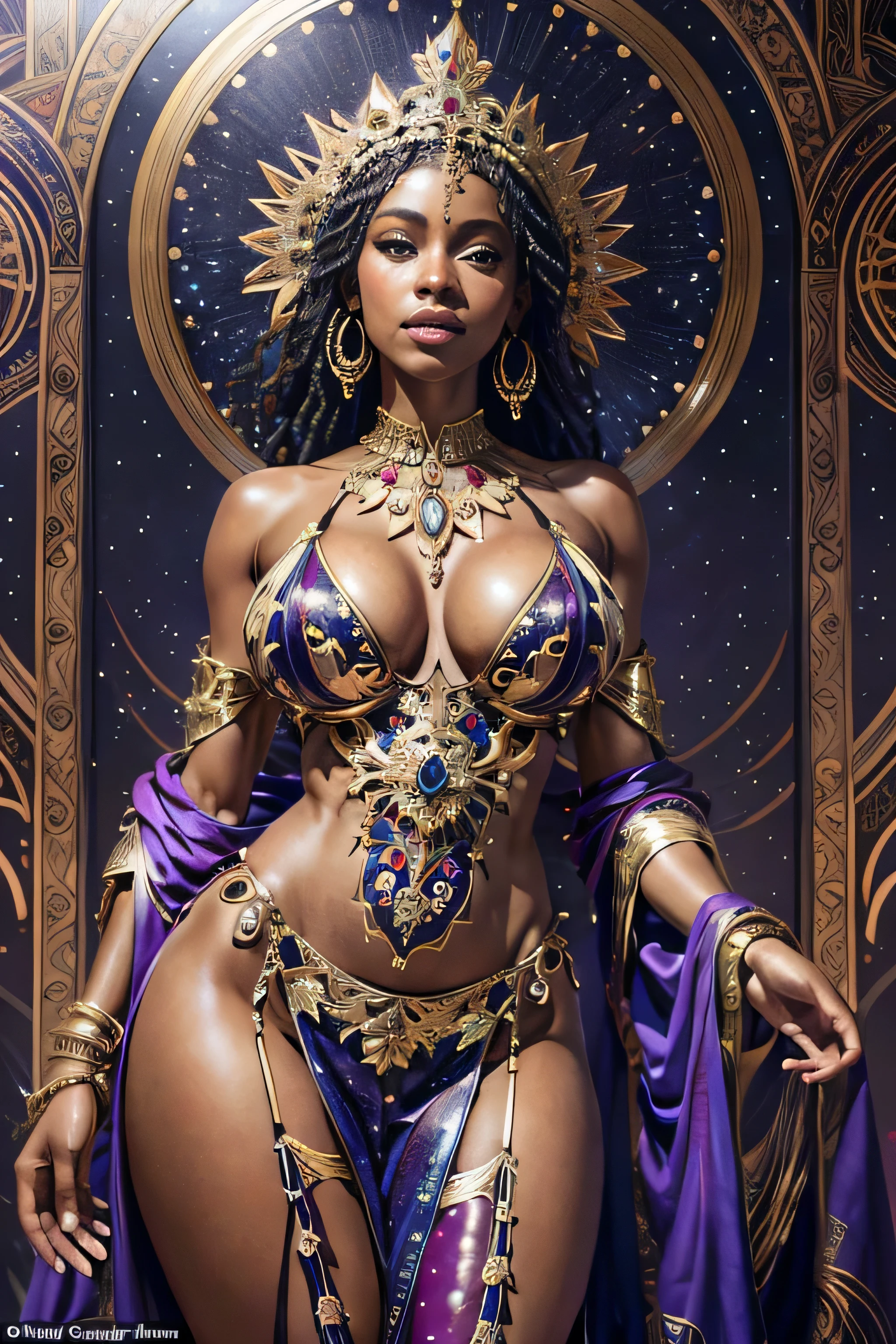 A riveting photorealistic representation, meticulously crafted in ultra HD resolution, unveils a captivating full-bodied woman of African descent, adorned in intricately designed African attire that exudes sex appeal. She stands enigmatically in a dimly lit, shadowy space, surrounded by a cascade of shimmering particles that radiate an iridescent glow, reflecting the vibrant and vivid colors of her features. The composition, reminiscent of artgerm's style, emphasizes high levels of detail, with every facet of her appearance meticulously rendered. Her highly detailed facial expressions exude a mysterious allure, while her hands and