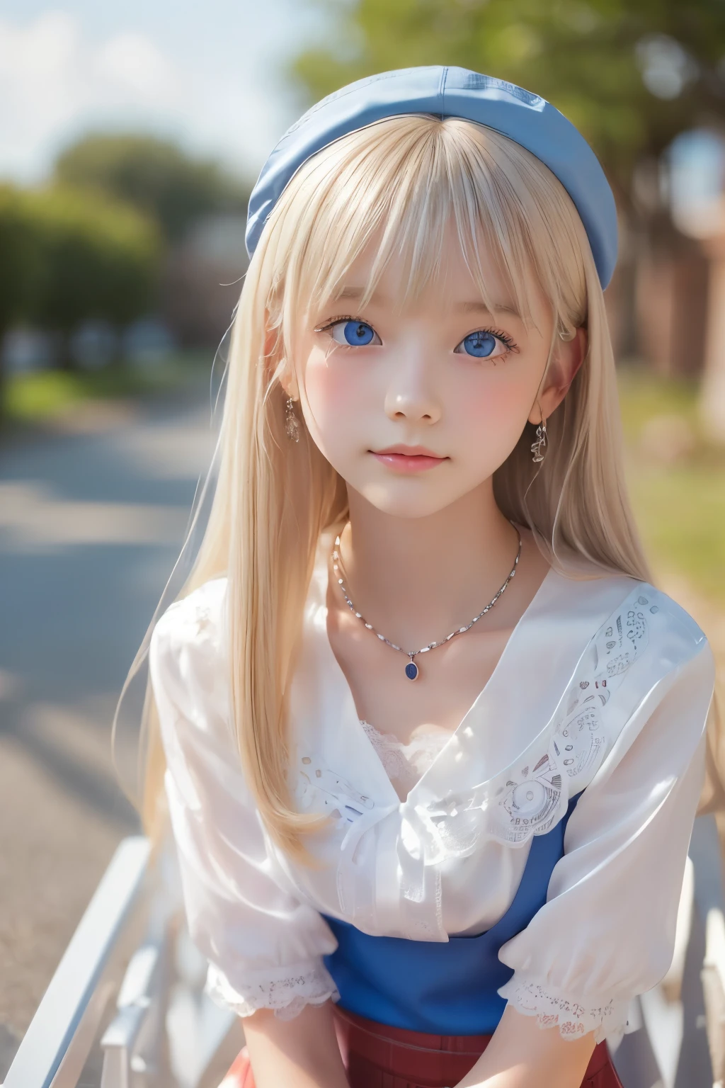 ((detailed face, cute face)), (She is wearing a long white embroidered skirt, a red blouse with lace, a white apron tied around her waist, blue socks, and brown leather shoes, blue scarf is on her head. Yes, her accessories include necklaces, earrings, and bracelets. 1 Girl)), Ultra High Resolution, (Realistic: 1.4), RAW Photo, Best Quality, (Photorealistic Stick), Focus, Soft Light, (()), ((Shiny platinum blonde silk super long straight hair, beautiful shiny bangs, big clear sky blue eyes, very beautiful bright eye highlights )), (( (young face))), (surface), (depth of field), masterpiece, (realistic), woman, bangs, ((1 girl))