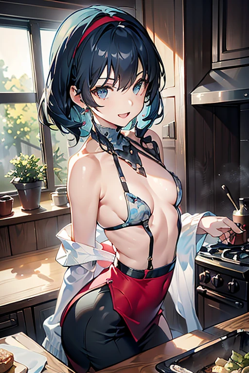 (dynamic angle:1.3, front view:1.1, breast focus:1.3, from below:1.2), (dynamic posing:1.5, sexy posing:1.3, leaning forward), (seductive smiling:1.3),masterpiece, 1girl, (pointed chest:1.3), cleavage:1.1,(double breasted:1.2,under bust:1.2), Amazing Cleavage:1.3, thin waist, cute ass, Raised sexy, (small breast: 1.4) posed cleavage:1.2、solo, looking at viewer, open mouth, have a grass of beergrass,black hair, blue eyes, bare shoulders, jewelry, collarbone, sidelocks, hairband, earrings, indoors, (red off shoulder sweater dress:1.3,skirts:1.2), arms behind back, short hair with long locks, blue white hairband, big side hair, very long side hair is rendered in (masterpiece: 1.2, best quality), with (ultra high resolution) and an exquisite (depth of field). This masterpiece is not only visually stunning but also tells, a scene of cooking in the kitchen