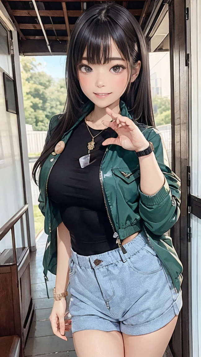 ((((highest quality)))), (((Ultra-precision CG 16K))), (((masterpiece))), (((Very detailed))), (((Extremely detailed))), (((Black outline:1.3, Written boundary depth:1.3 , Written soft outline))), Blur, Bokeh, Maximum clarity and sharpness,Multilayer Texture, Surface Shading, Cinematic lighting, Beautiful details sparkle ,Perfect Proportions, Limited to one woman, BREAK accurate, Anatomically correct, Highly detailed face and skin texture, drawn in detail, Highly detailed facial and skin texture, Detailed eyes, beautiful hair, Beautiful Japanese Idol face, Beautiful and beautiful eyes, Beautiful body, Beautiful breasts, Beautiful thighs, Beautiful legs, Beautiful fingers, (Beautiful views) , skinny body, ((Beautiful Skin)), ((Skin Texture)) BREAK breast enlarged, large Breasts, perky , (blush, smiling:1.3, brown eyes, pink cheek, Double eyelids, Thin eyebrows, narrow eyes:1.3, Natural cheeks, Glossy skin, Fair skin:1.2, (Glossy lips:1.4, shiny lips: 1.4 ), high school student, Attractive adult woman ) , twin braid, Long Hair, Striped Hair, Hair Intake, Inner hair color, BREAK (casual, wearing outerwear outfits to button up:1.3) , nail art, necklace, Bridal Ring, wearing a watch BREAK Waving gesture, standing:1.3 , (full-body-shot:1.3), looking away