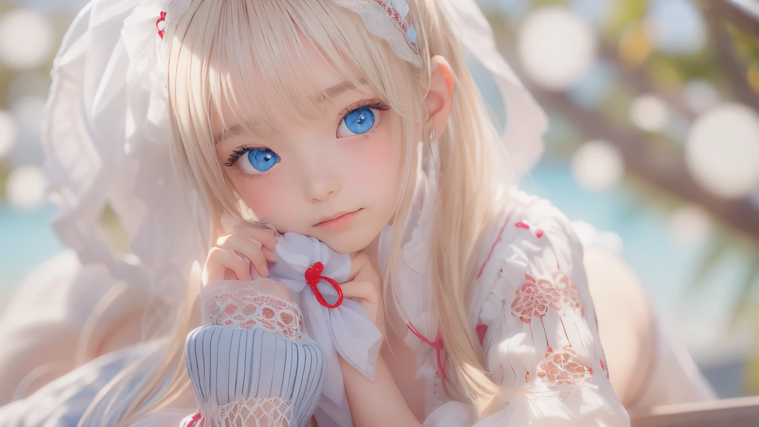 ((detailed face, cute face)), (She is wearing a long white embroidered skirt, a red blouse with lace, a white apron tied around her waist, blue socks, and brown leather shoes, blue scarf is on her head. Yes, her accessories include necklaces, earrings, and bracelets. 1 Girl)), Ultra High Resolution, (Realistic: 1.4), RAW Photo, Best Quality, (Photorealistic Stick), Focus, Soft Light, (()), ((Shiny platinum blonde silk super long straight hair, beautiful shiny bangs, big clear sky blue eyes, very beautiful bright eye highlights )), (( (young face))), (surface), (depth of field), masterpiece, (realistic), woman, bangs, ((1 girl))