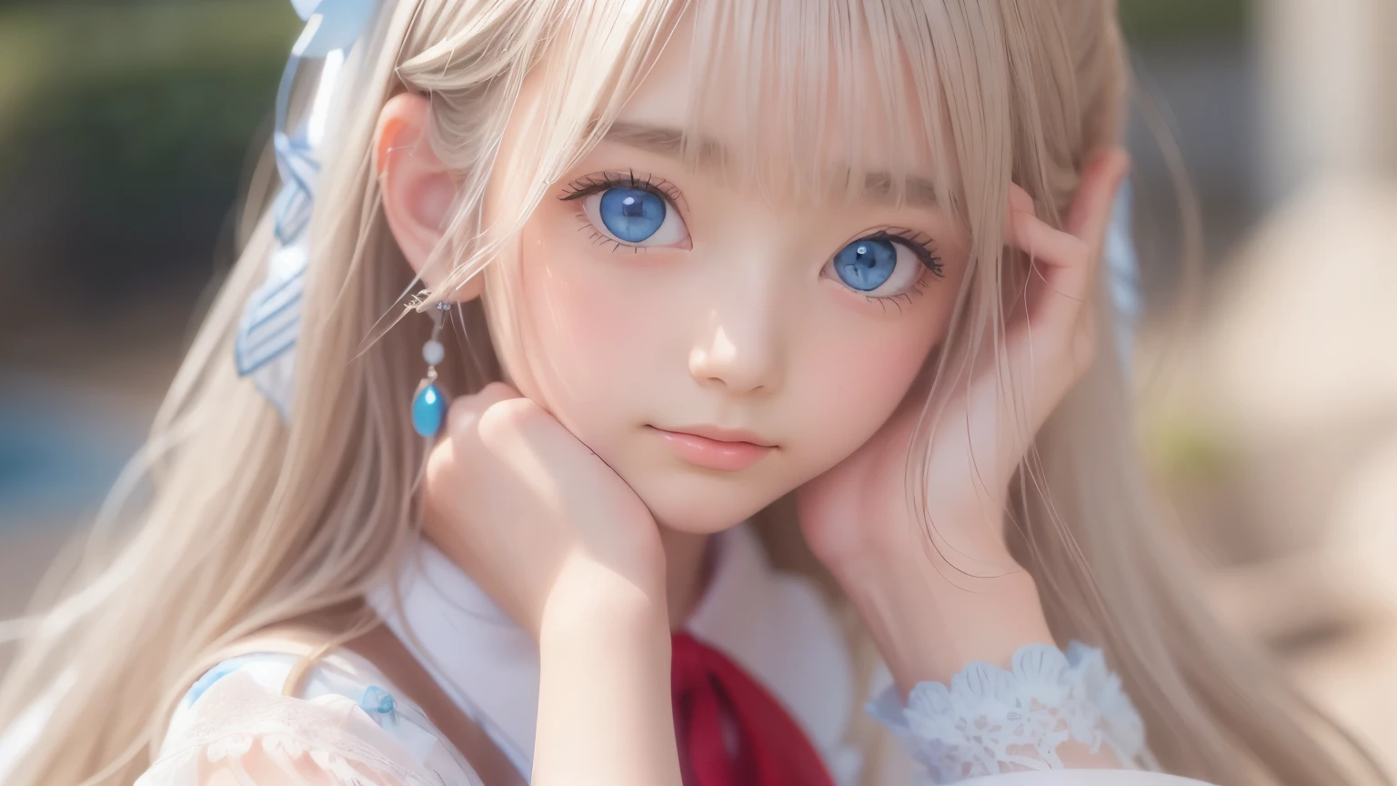 ((detailed face, cute face)), (She is wearing a long white embroidered skirt, a red blouse with lace, a white apron tied around her waist, blue socks, and brown leather shoes, blue scarf is on her head. Yes, her accessories include necklaces, earrings, and bracelets. 1 Girl)), Ultra High Resolution, (Realistic: 1.4), RAW Photo, Best Quality, (Photorealistic Stick), Focus, Soft Light, (()), ((Shiny platinum blonde silk super long straight hair, beautiful shiny bangs, big clear sky blue eyes, very beautiful bright eye highlights )), (( (young face))), (surface), (depth of field), masterpiece, (realistic), woman, bangs, ((1 girl))
