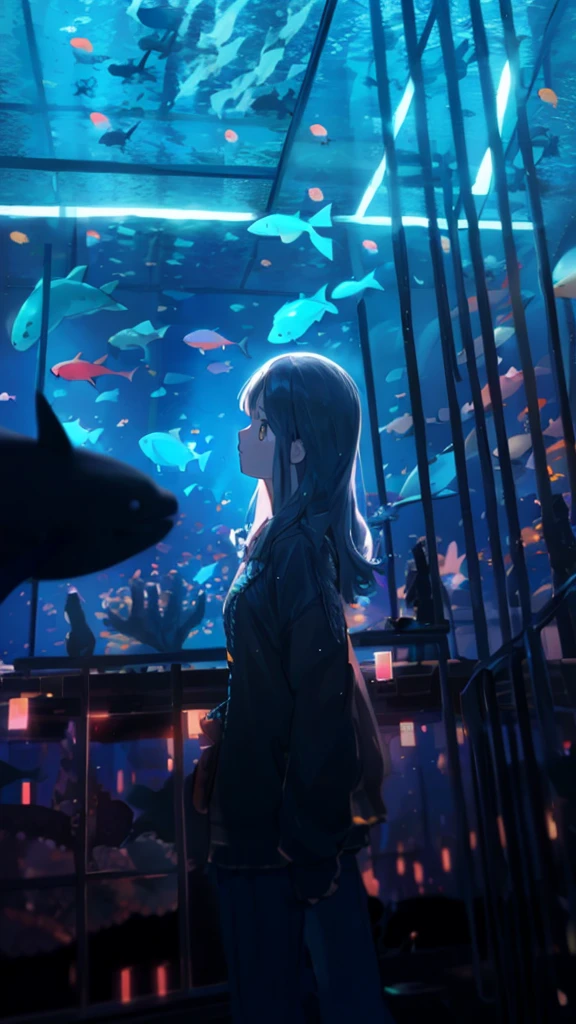 Aquarium at night,Different types of fish,highly detailed sea turtle,a dolphin,coral reef,Realistic water,１girl,Turning to the side, it&#39;s twilight,delicate makeup,delicate eyes,The glitter of water is reflected,Beautiful appearance,Hair swaying