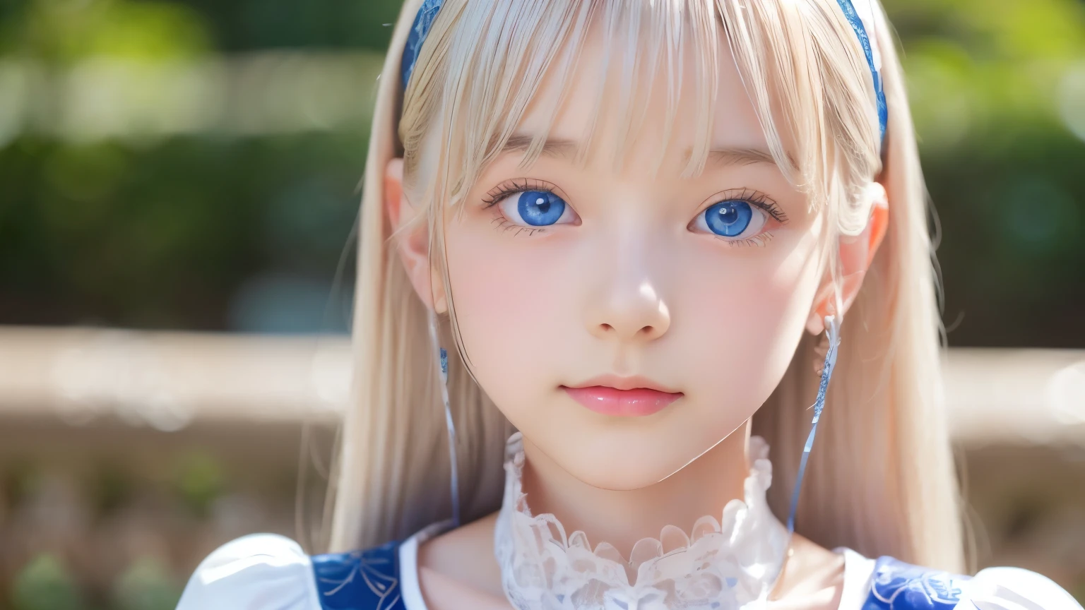 ((detailed face, cute face)), (She is wearing a long white embroidered skirt, a red blouse with lace, a white apron tied around her waist, blue socks, and brown leather shoes, blue scarf is on her head. Yes, her accessories include necklaces, earrings, and bracelets. 1 Girl)), Ultra High Resolution, (Realistic: 1.4), RAW Photo, Best Quality, (Photorealistic Stick), Focus, Soft Light, ((15 years old)), ((Shiny platinum blonde silk super long straight hair, beautiful shiny bangs, big clear sky blue eyes, very beautiful bright eye highlights )), (( (young face))), (surface), (depth of field), masterpiece, (realistic), woman, bangs, ((1 girl))