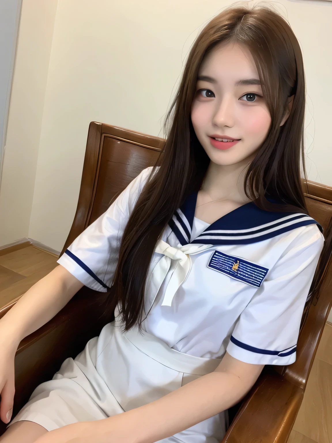 Slim body、slender、One Girl、((highest quality, 8k, masterpiece: 1.3)), whole body、(1 16 year old girl), Slim figure: 1.4, Brown Hair,, Highly detailed face, Fine grain, double eyelid, (Sailor suit 、Open chest、), Laughter, ,itting in a chair、I can see your thighs、