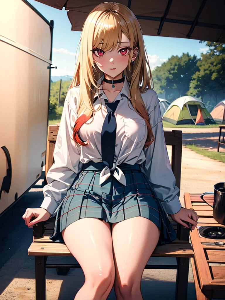 Outdoor Camping:1.3、camp site、tent:1.3、bonfire、Sit on a chair:0.9、kitagawa marin, 1girl, blonde hair, long hair, multicolored hair, red eyes, jewelry, earrings, piercing, , white shirt, tied shirt, black choker, blue necktie, plaid skirt, UHD, retina, ccurate, masterpiece, anatomically correct, textured skin, super detail, high details, high quality, best quality, highres, 8k, 