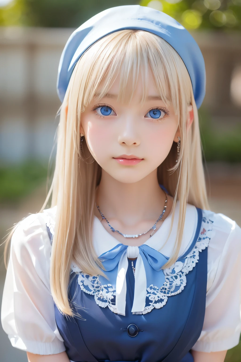 ((detailed face, cute face)), (She is wearing a long white embroidered skirt, a red blouse with lace, a white apron tied around her waist, blue socks, and brown leather shoes, blue scarf is on her head. Yes, her accessories include necklaces, earrings, and bracelets. 1 Girl)), Ultra High Resolution, (Realistic: 1.4), RAW Photo, Best Quality, (Photorealistic Stick), Focus, Soft Light, (()), ((Shiny platinum blonde silk super long straight hair, beautiful shiny bangs, big clear sky blue eyes, very beautiful bright eye highlights )), (( (young face))), (surface), (depth of field), masterpiece, (realistic), woman, bangs, ((1 girl))
