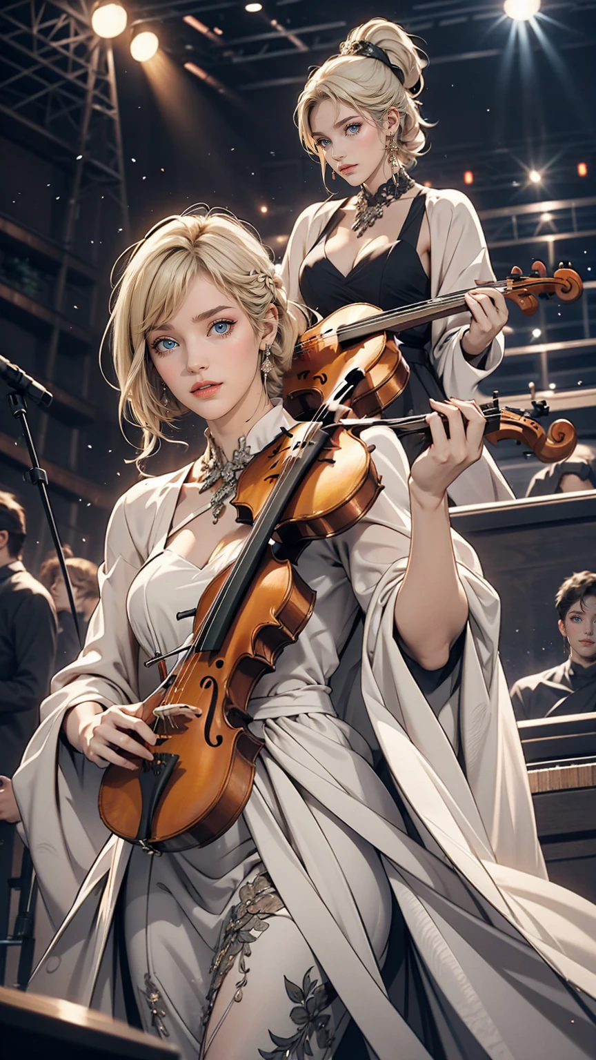 24 year old Caucasian female、Platinum Blonde、Violinist playing at a concert、Dress Wear、smile